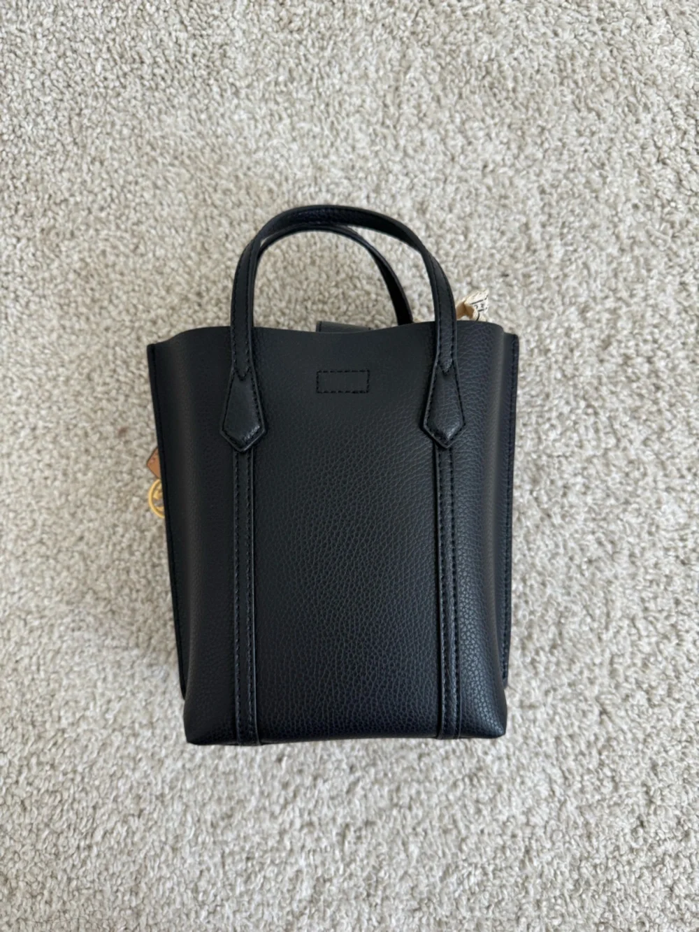 Tory Burch Perry Black Pebbled Leather Mini Crossbody with Tan Charm